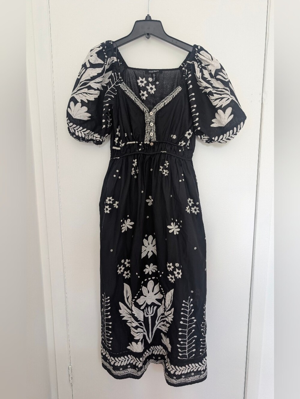 Ellen Tracy Black White Floral Cotton Midi Dress Puff Sleeve Boho Feminine M